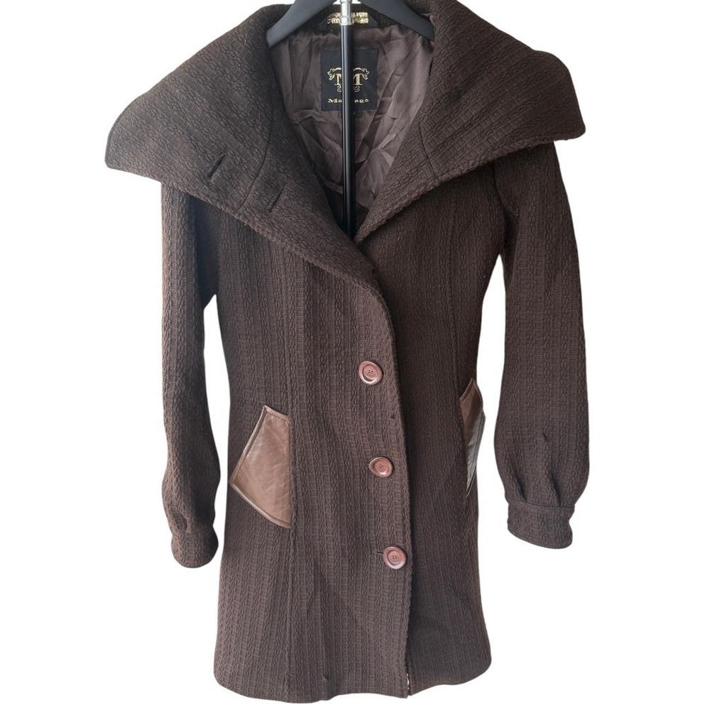 Mackage Womens Funnel Neck Wool Blend Coat Size S Brown Leather Trim Tailored - Picture 3 of 10